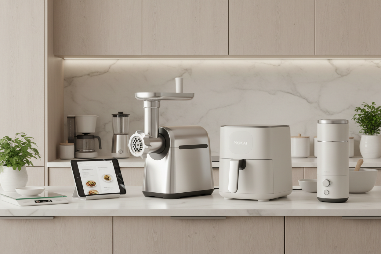 أدوات مطبخ ذكية وعصرية، تشمل الحشوار ديال الكفتة والـ air fryer، في مطبخ أنيق وبألوان هادئة
