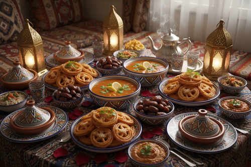 Moroccan Iftar Table with Harira and Chebakia